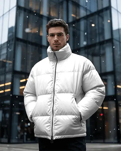 Winter Puffer Jacket Mockup For Cold Weather Fashion And Urban Style Outerwear Presentation