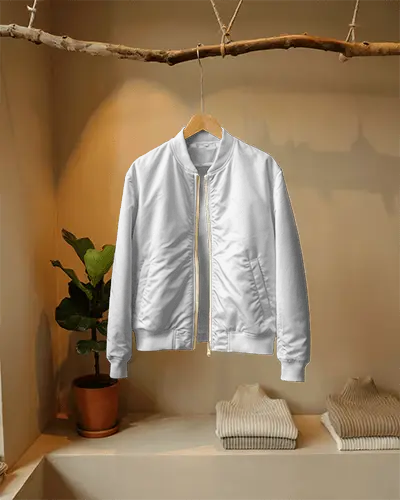 Sleek Minimalist Bomber Jacket Mockup Hanging On Wooden Hanger For Fashion Display