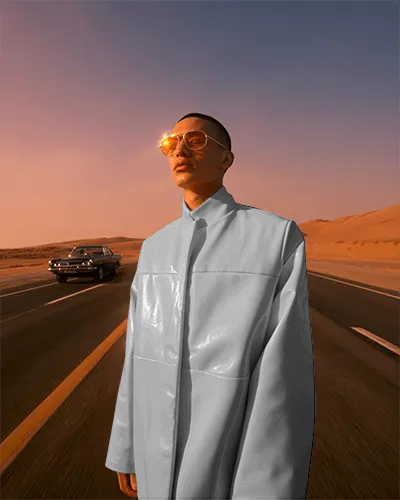 Desert Highway Jacket Mockup Male Model In Sunset Glow With Retro Car In Background