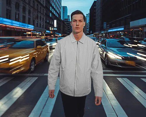 Urban Street Jacket Mockup Male Model Walking City Crosswalk Evening Lighting