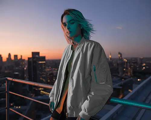 Rooftop Sunset Jacket Mockup Female Model Overlooking Cityscape Modern Urban Style