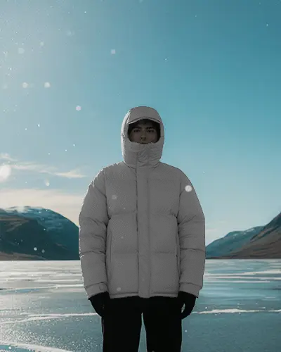 Winter Puffer Jacket Mockup On Model In Frozen Landscape Cold Weather Outdoor Style