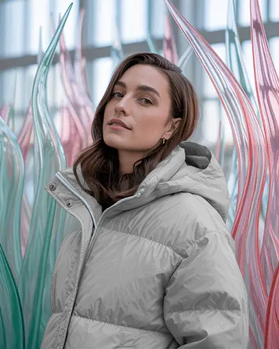Crystal Garden Puffer Jacket Mockup With Female Model Amid Soft Glass Sculpture Light