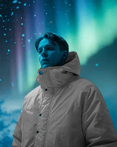 Aurora Nightfall Winter Jacket Mockup Male Model Under Vivid Northern Lights
