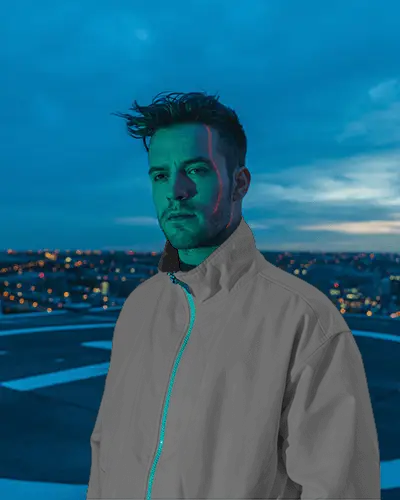 Neon Horizon Urban Bomber Jacket Mockup Male Model On Rooftop With City Lights At Dusk