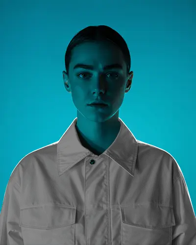 Neon Halo Minimal Jacket Mockup Female Model In Bold Teal Backlit Studio Glow