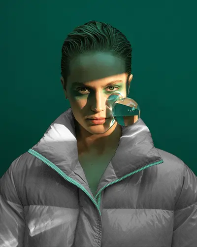 Prism Shadow Puffer Jacket Mockup Model Lit By Dramatic Beam With Glass Orb Reflection