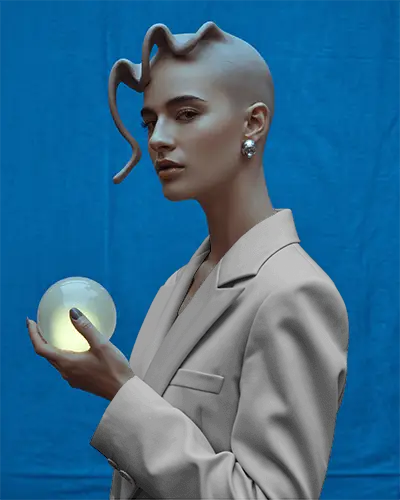 Lunar Oracle Blazer Mockup Elegant Model Holding Glowing Sphere In Surreal Blue Space