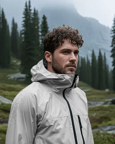Alpine Trail Outdoor Jacket Mockup Male Model In Misty Mountain Forest Setting