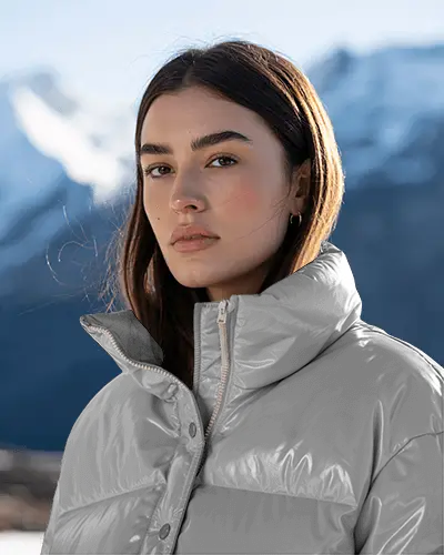 Frost Summit Puffer Jacket Mockup Woman In Crisp Sunlit Alpine Landscape Mountain Peaks