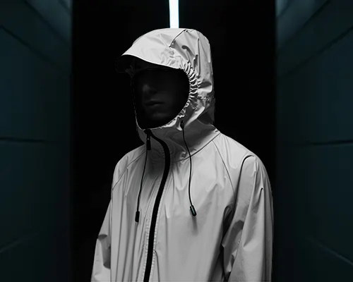 Stealth Outerwear Rainy Jacket Mockup Low Light Tunnel Setting Contemporary Design