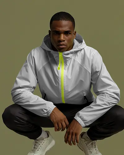 Athletic Crouching Jacket Mockup Male Model Dynamic Posture Studio Shot For Activewear Branding Use