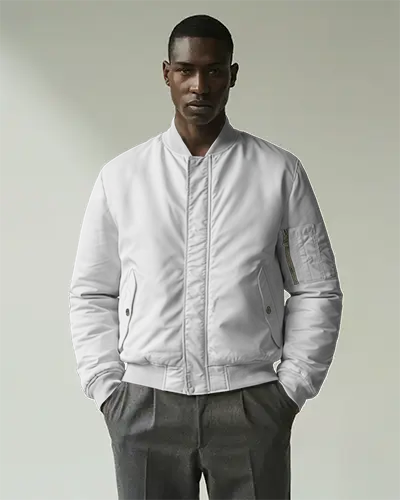 Mens Bomber Jacket Mockup Front View With Pockets And Ribbed Hem For Fashion Display