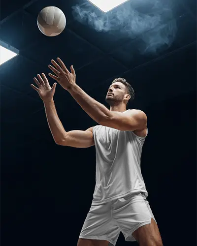 Dynamic Sports Jersey Mockup Athlete Reaching Up Under Dramatic Stadium Lights