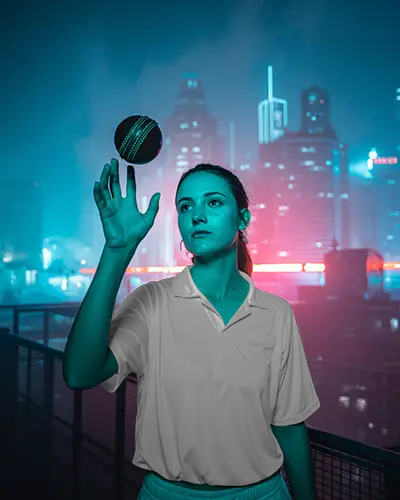 Neon City Cricket Jersey Mockup Athlete Tossing Ball In Futuristic Nightscape