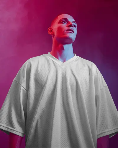 Neon Smoke Oversized Jersey Mockup Athlete Looking Up In Bold Magenta Light
