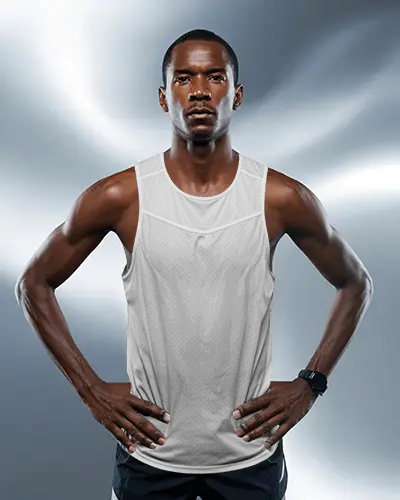 Elite Athlete Jersey Mockup Featuring Strong Stance And High Energy Backdrop