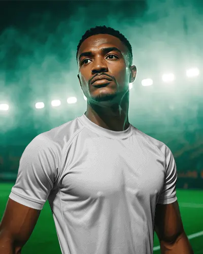 Stadium Glow Soccer Jersey Mockup With Focused Athlete Under Bright Matchday Lights