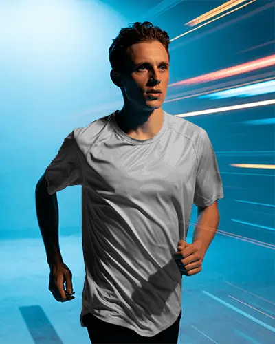 Dynamic Running Jersey Mockup Athletic Male Model In Motion With Vivid Light Trails
