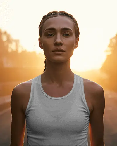 Sunrise Athletic Jersey Mockup Female Runner Standing Focused In Soft Golden Light