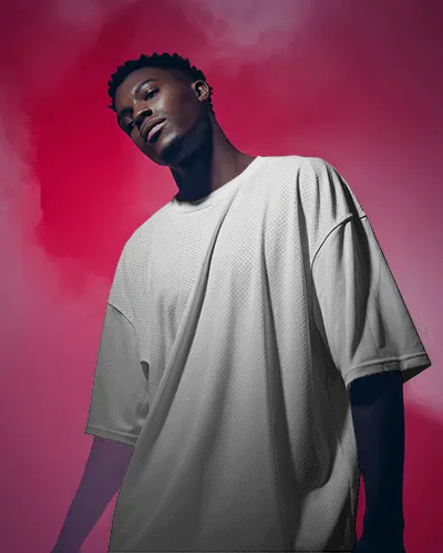 Urban Vibes Jersey Mockup Male Model Posed Against Dramatic Red Fog Background