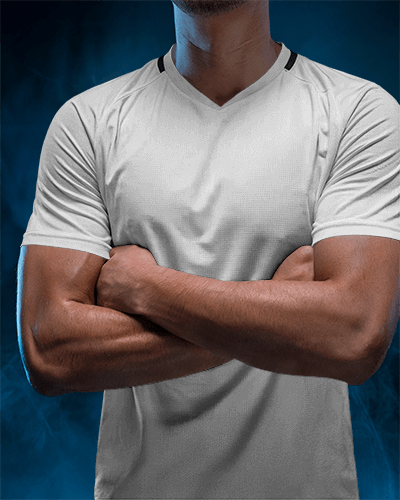 Vibrant Lion Graphic Football Jersey Mockup Male Athlete With Folded Arm