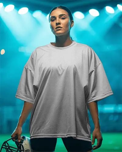 Stadium Lit Jersey Mockup Female Hockey Athlete Standing Confident Under Bright Sport Lights