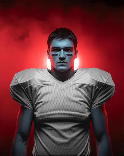 Dramatic Red Haze Jersey Mockup Football Player In Strong Shoulder Pads With Dark Athletic Gear