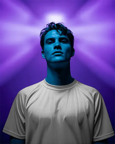 Vivid Purple Glow Jersey Mockup Male Model Lit By Dramatic Radiant Background