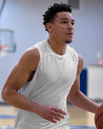 Lavender Basketball Jersey Mockup Player Dribbling Ball Indoor Court