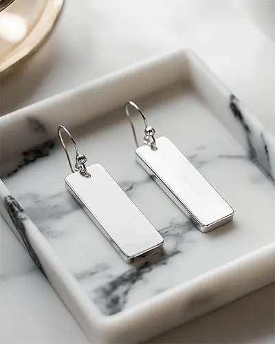 Dangle Earrings Mockup On Marble Tray Aesthetic Flatlay Light Soft Focus Clean Luxury Scene