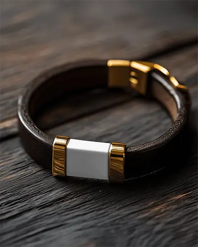Black And Gold Leather Bracelet Mockup On Dark Wooden Surface Classic Jewelry Product Showcase