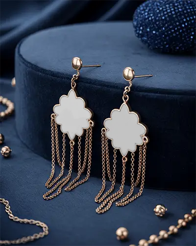 Statement Drop Earrings Mockup On Blue Velvet Stand With Golden Chains And Accessories Luxury Scene