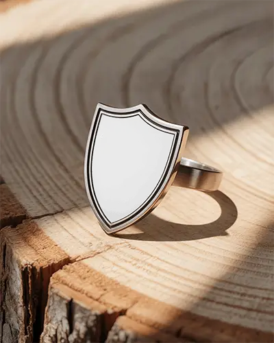 silver-shield-ring-mockup-standing-upright-on-natural-wooden-tree-slice-with-sharp-sunlight