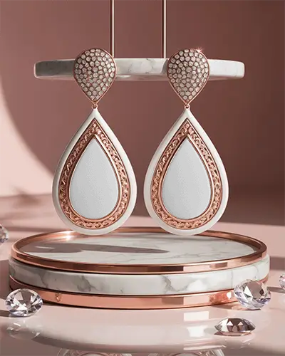 Vintage Teardrop Earring Mockup Presented On Marble Stand Surrounded By Sparkling Gems