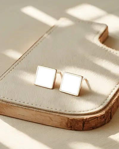 Sunlit Minimal Square Earring Mockup On Leather Pad Soft Shadows Elegant Product Display