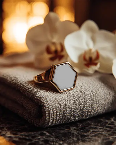 luxury-hexagon-signet-ring-mockup-placed-on-textured-fabric-with-orchid-flower-background