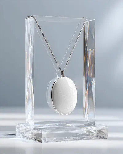Elegant Minimalist Round Pendant Necklace Mockup With Chain On Transparent Display Stand