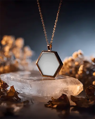 Closeup Geometric Pendant Necklace Mockup With Chain In Natural Lighting For Design