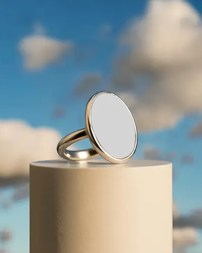Elegant Minimalist Round Ring Mockup On Pedestal With Blurred Sky Background Perfect For Design