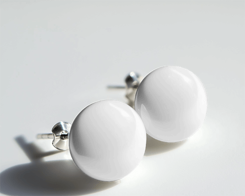 Minimalistic Round Stud Earrings Mockup White Glossy Surface With Silver Backing On Clean Light Background Soft Shadows 032