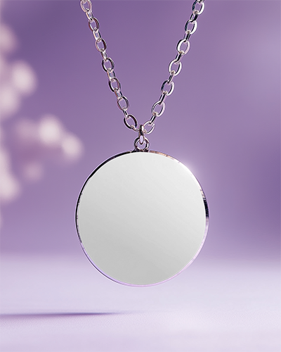 Elegant Round Pendant Mockup Silver Chain Hanging Against Soft Purple Background With Bokeh Lighting 033