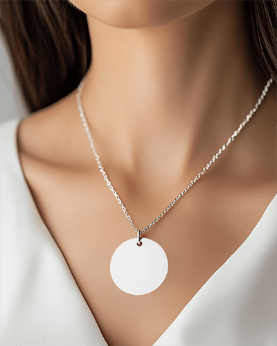 Close Up Round Pendant Necklace Mockup On Female Model Wearing White Top Soft Natural Lighting Elegant And Minimalist Jewelry Display 042