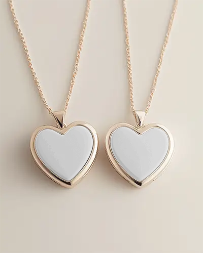 Elegant Duo Heart Locket Necklace Mockup Closeup View Of Paired Pendants With Minimal Lighting