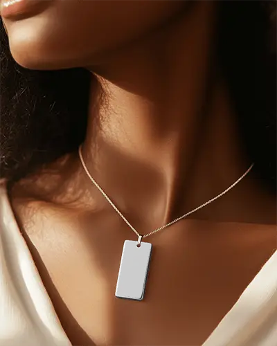 Rectangle Pendant Necklace Mockup Closeup Of Modern Jewelry On Female Neck In Warm Sunlight