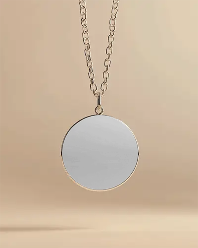 Floating Round Pendant Necklace Mockup Detailed Chain And Etched Jewelry Against Soft Background