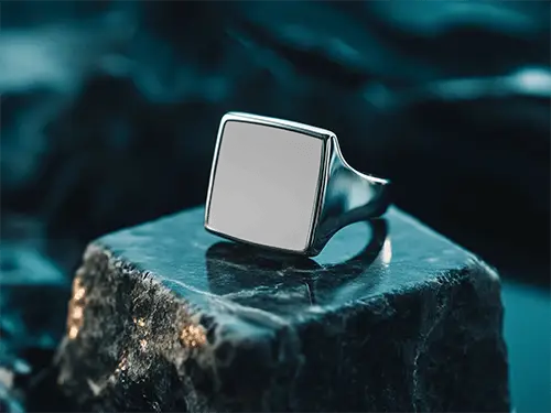 Square Top Ring Mockup On Dark Stone Base Luxury Lighting Reflection Detail Jewelry Display Scene