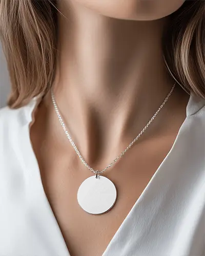 Closeup Necklace Mockup Woman Wearing Round Lotus Pendant Minimal Outfit Soft Natural Light