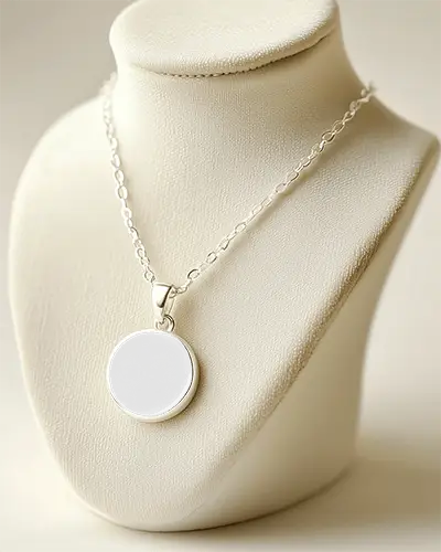 Round Celestial Pendant Necklace Mockup Showcased On Cream Bust With Silver Chain Display