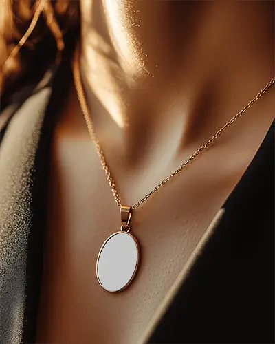 Sunlit Closeup Oval Pendant Mockup On Woman Necklace Mandala Art Detail Luxury Warm Tone Light